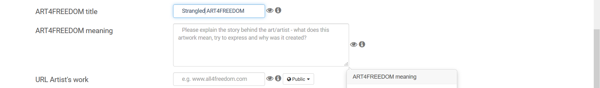 Screenshot fields ART4FREEDOM title meaning URL category copy copy